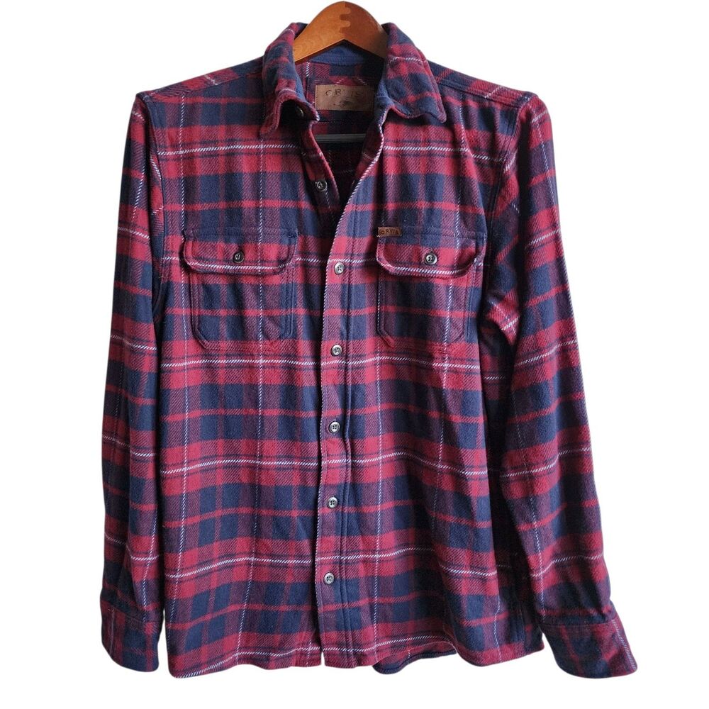 Orvis Men's Med Classic Flannel Shirt Red Navy Plaid Cotton Workwear Outdoors